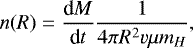 Mathematical equation: \begin{equation*} n(R)=\frac{{\textrm{d}}M}{{\textrm{d}}t}\frac{1}{4\pi R^2v\mu m_H},\end{equation*}