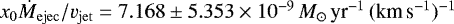 Mathematical equation: $x_0\dot{M}_{\mathrm{ejec}}/v_{\mathrm{jet}}=7.168\pm5.353\times10^{-9}\,M_{\odot}\,{\textrm{yr}^{-1}\,(\textrm{km}\,\textrm{s}^{-1})^{-1}}$