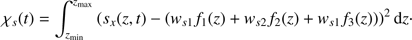 Mathematical equation: $$ \chi_s{(t)}=\int_{z_\min}^{z_\max}{(s_x{(z,t)-{(w_{s1}f_1{(z)+w_{s2}f_2{(z)+w_{s1}f_3{(z)}}})}})^2\mathrm dz\cdot} $$