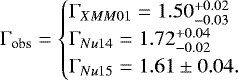 \begin{equation*}\mathrm{\Gamma}_{\textrm{obs}}=\begin{cases} \mathrm{\Gamma}_{XMM01}=1.50^{+0.02}_{-0.03} \\ \mathrm{\Gamma}_{Nu14}=1.72^{+0.04}_{-0.02} \\ \mathrm{\Gamma}_{Nu15}=1.61\pm0.04. \end{cases}\end{equation*}