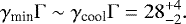 \begin{equation*} \gamma_{\textrm{min}}\mathrm{\Gamma}\sim\gamma_{\textrm{cool}}\mathrm{\Gamma}=28^{+4}_{-2}. \end{equation*}