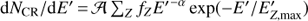 $ \text{d}{{N}_{\text{CR}}}/\text{d}{E}'=\mathcal{A}\,{\Sigma_z}\, {f_z}{{{E}'}^{-\alpha }}{\text exp}(-{E}'/{{{E}'}_{\text{Z,max}}}) $
