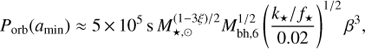 $$ {{P}_{\text{orb}}}({{a}_{\text{min}}})\approx 5\times {{10}^{5}}\,\text{s}\,M_{\star ,\odot }^{(1-3\xi )/2}M_{\text{bh},6}^{1/2}{{\left( \frac{{{k}_{\star }}/{{f}_{\star }}}{0.02} \right)}^{1/2}}{{\beta }^{3}}, $$