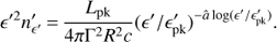 $$ {{{\epsilon }'}^{2}}{{{n}'}_{{{\epsilon }'}}}=\frac{{{L}_{\text{pk}}}}{4\pi {{\Gamma }^{2}}{{R}^{2}}c}{{({\epsilon }'/{{{\epsilon }'}_{\text{pk}}})}^{-\hat{a}\log ({\epsilon }'/{{{{\epsilon }'}}_{\text{pk}}})}}. $$