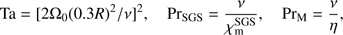 Mathematical equation: $$ \begin{array}{ccc}\text{Ta}\,=\,{\lbrack2{\mathrm\Omega}_0{(0.3\,R)}^2/v\rbrack}^2,&{\text{Pr}}_\text{SGS}=\frac v{\chi_\mathrm m^\text{SGS}},&{\text{Pr}}_\mathrm M\end{array}=\frac v\eta, $$