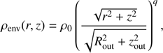Mathematical equation: $$ \rho_\text{env}{(r,z)}=\rho_0{\lbrack\frac{\sqrt{r^2+z^2}}{\sqrt{R_\text{out}^2+z_\text{out}^2}}\rbrack}^q, $$