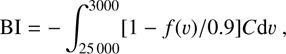 Mathematical equation: $$ \text{BI}=-\int_{25000}^{3000}{\lbrack1-f{(\upsilon)/0.9}\rbrack C\text{d}\upsilon}, $$