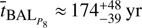 Mathematical equation: $ {\overline t}_{{\text{BAL}}_{P_8}}\approx174_{-39}^{+48}\text{yr} $