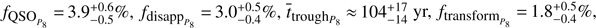 Mathematical equation: $ f_{{\text{QSO}}_{P_8}}=3.9_{-0.5}^{+0.6}\%,f_{{\text{disapp}}_{P_8}}=3.0_{-0.4}^{+0.5}\%,{\overline t}_{{\text{trough}}_{P_8}}\approx104_{-14}^{+17}\text{yr,}f_{{\text{transform}}_{P_8}}=1.8_{-0.4}^{+0.5}\% $