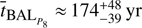 Mathematical equation: $ {\overline t}_{{\text{BAL}}_{P_8}}\approx174_{-39}^{+48}\text{yr} $