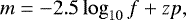 \begin{equation*} m = -2.5\log_{10} f + zp,\end{equation*}