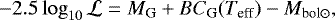 \begin{equation*} -2.5\log_{10}{{\cal L}} = {{M_{\textrm{G}}}} + {{BC_{\textrm{G}}}}({{T_{\textrm{eff}}}}) - {{M_{\textrm{bol}{\odot}}}},\end{equation*}