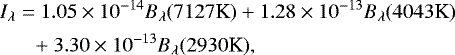 \begin{align*} &I_{\lambda} = 1.05 \times 10^{-14} B_{\lambda} (7127 \textrm{K}) + 1.28 \times 10^{-13} B_{\lambda}(4043 \textrm{K}) \nonumber \\ & \quad\,\,\, + 3.30 \times 10^{-13} B_{\lambda}(2930 \textrm{K}),\end{align*}