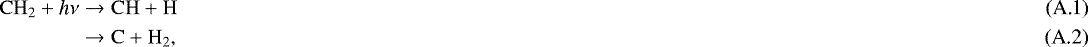 \begin{eqnarray}\rm CH_2 + \emph{h$\nu$} & \rightarrow & \rm CH + H \\ & \rightarrow & \rm C + H_2, \end{eqnarray}