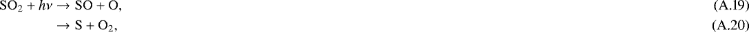 \begin{eqnarray}\rm SO_2 + \emph{h$\nu$} & \rightarrow & \rm SO + O, \\ & \rightarrow & \rm S + O_2, \vspace*{-3pt}\end{eqnarray}
