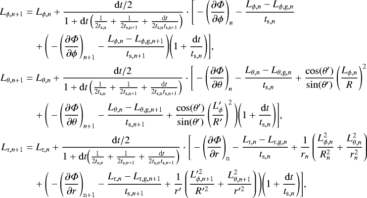 Mathematical equation: \begin{align*} L_{\phi,n+1} &= L_{\phi,n} + \frac{{\mathrm{d}t}/2} {1+\mathrm{d}t\left(\frac{1}{2t_{\mathrm{s,n}}}+\frac{1} {2t_{\mathrm{s,n+1}}}+ \frac{\mathrm{d}t}{2t_{\mathrm{s,n}}t_{\mathrm{s,n+1}}}\right)}\cdot \Bigg[ -{\left(\frac{\partial\Phi}{\partial \phi}\right)}_n -\frac{L_{\phi,n} - L_{\phi,\mathrm{g},n}}{t_{\mathrm{s},n}} \\ & \quad + \Bigg( -{\left(\frac{\partial\Phi}{\partial \phi} \right)}_{n+1} -\frac{L_{\phi,n} - L_{\phi,\mathrm{g},n+1}} {t_{\mathrm{s},n+1}} \Bigg) {\left(1+\frac{\mathrm{d}t}{t_{\mathrm{s},n}}\right)} \Bigg], \\ L_{\theta,n+1} &= L_{\theta,n} + \frac{{\mathrm{d}t}/2}{1+\mathrm{d}t \left(\frac{1}{2t_{\mathrm{s,n}}}+\frac{1}{2t_{\mathrm{s,n+1}}}+ \frac{\mathrm{d}t}{2t_{\mathrm{s,n}}t_{\mathrm{s,n+1}}}\right)}\cdot \Bigg[ -{\left(\frac{\partial\Phi}{\partial \theta}\right)}_n -\frac{L_{\theta,n} - L_{\theta,\mathrm{g},n}}{t_{\mathrm{s},n}} + \frac{\cos(\theta')}{\sin(\theta')}\left(\frac{L_{\phi,n}}{R}\right)^2 \\ & \quad+ \Bigg( -{\left(\frac{\partial\Phi}{\partial \theta} \right)}_{n+1} -\frac{L_{\theta,n} - L_{\theta,\mathrm{g},n+1}} {t_{\mathrm{s},n+1}} + \frac{\cos(\theta')}{\sin(\theta')}\left(\frac{L_{\phi}'}{R'}\right)^2 \Bigg) {\left(1+\frac{\mathrm{d}t}{t_{\mathrm{s},n}}\right)} \Bigg], \\ L_{\mathrm{r},n+1} &= L_{\mathrm{r},n} + \frac{{\mathrm{d}t}/2} {1+\mathrm{d}t{\left( \frac{1}{2t_{\mathrm{s},n}} + \frac{1}{2t_{\mathrm{s},n+1}} + \frac{\mathrm{d}t}{2t_{\mathrm{s},n}t_{\mathrm{s},n+1}} \right)}}\cdot \Bigg[ -{\left(\frac{\partial\Phi}{\partial r}\right)}_{\mathrm{n}} -\frac{L_{\mathrm{r},n}-L_{\mathrm{r,g},n}}{t_{\mathrm{s},n}} +\frac{1}{r_n}\left(\frac{L_{\phi,n}^2}{R_n^2} + \frac{L_{\theta,n}^2}{r_n^2}\right) \\ & \quad+ \Bigg( -{\left(\frac{\partial\Phi}{\partial r}\right)}_{\mathrm{n+1}} -\frac{L_{\mathrm{r},n}- L_{\mathrm{r,g},n+1}}{t_{\mathrm{s},n+1}} +\frac{1}{r'}\left(\frac{L_{\phi,n+1}'^2}{R'^2}+\frac{L_{\theta,n+1}^2}{r'^2}\right) \Bigg) {\left(1+\frac{\mathrm{d}t}{t_{\mathrm{s},n}}\right)} \Bigg], \end{align*}