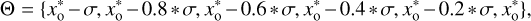 $ \Theta = \{x_\mathrm{o}^{*}-\sigma , x_\mathrm{o}^{*}-0.8*\sigma ,x_\mathrm{o}^{*}-0.6*\sigma ,x_\mathrm{o}^{*}-0.4*\sigma , x_\mathrm{o}^{*}-0.2*\sigma , x_\mathrm{o}^{*} \} $