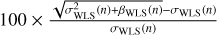 $ 100\times \frac{\sqrt{\sigma ^2_\mathrm{WLS}(n)+\beta _\mathrm{WLS} (n)}-\sigma _\mathrm{WLS}(n)}{\sigma _\mathrm{WLS}(n)} $