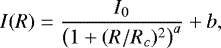 Mathematical equation: \begin{equation*} I(R) = \frac{I_0}{\left( 1 + (R/R_c)^2 \right)^a} + b, \end{equation*}