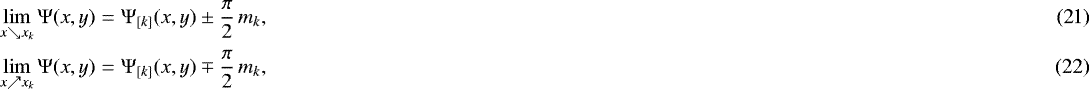 Mathematical equation: \begin{eqnarray} \lim\limits_{x \searrow x_k} \mathrm\Psi(x,y) &=& \mathrm\Psi_{[k]}(x,y) \pm \frac{\pi}{2} \, m_k, \\ \lim\limits_{x \nearrow x_k} \mathrm\Psi(x,y) &=& \mathrm\Psi_{[k]}(x,y) \mp \frac{\pi}{2} \, m_k, \end{eqnarray}