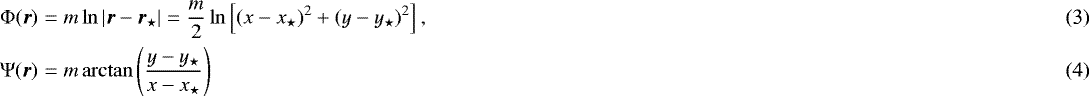 Mathematical equation: \begin{eqnarray}\mathrm\Phi(\vec{r}) &=& m \ln\vert\vec{r}-\vec{r}_{\star}\vert = \frac{m}{2} \ln \left[(x-x_{\star})^2+(y-y_{\star})^2\right], \\\mathrm\Psi(\vec{r}) &=& m \arctan \left(\frac{y-y_{\star}}{x-x_{\star}}\right) \end{eqnarray}