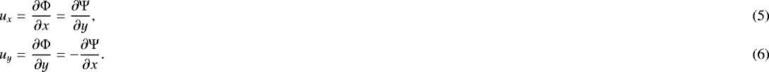 Mathematical equation: \begin{eqnarray}u_x &=& \frac{\partial \mathrm\Phi}{\partial x} = \frac{\partial \mathrm\Psi}{\partial y},\\ u_y &=& \frac{\partial \mathrm\Phi}{\partial y} =-\frac{\partial \mathrm\Psi}{\partial x}.\end{eqnarray}