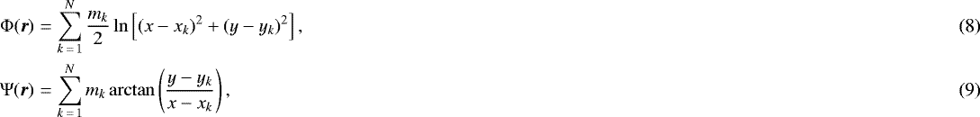 Mathematical equation: \begin{eqnarray}\mathrm\Phi(\vec{r}) &=& \sum\limits_{k\,=\,1}^N \frac{m_k}{2} \ln \left[(x-x_k)^2+(y-y_k)^2\right], \\\mathrm\Psi(\vec{r}) &=& \sum\limits_{k\,=\,1}^N m_k \arctan \left(\frac{y-y_k}{x-x_k}\right), \end{eqnarray}