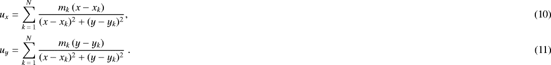 Mathematical equation: \begin{eqnarray}u_x &=& \sum\limits_{k\,=\,1}^N \frac{m_k \, (x-x_k)}{(x-x_k)^2+(y-y_k)^2}, \\u_y &=& \sum\limits_{k\,=\,1}^N \frac{m_k \, (y-y_k)}{(x-x_k)^2+(y-y_k)^2} \ . \end{eqnarray}