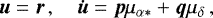 Mathematical equation: \begin{equation*}{\boldsymbol{u}} = {\boldsymbol{r}}\, , \quad {\boldsymbol{\dot{u}}}={\boldsymbol{p}}\mu_{\alpha*}+{\boldsymbol{q}}\mu_{\delta} \, , \end{equation*}