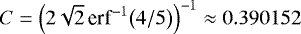 Mathematical equation: $C = {\left(2\sqrt{2}\,\textrm{erf}^{-1}\bigl(4/5\bigr)\right)}^{-1}\approx0.390152$