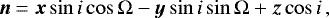 Mathematical equation: \begin{equation*}{\boldsymbol{n}}={\boldsymbol{x}}\sin i\cos{\mathrm\Omega} - {\boldsymbol{y}}\sin i\sin{\mathrm\Omega}+{\boldsymbol{z}}\cos i \, , \end{equation*}