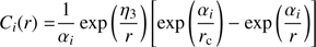 $$ C_i{(r)}=\frac1{\alpha_i}\exp{\left(\frac{\eta_3}r \right){\left[\exp \left(\frac{\alpha_i}{r_\mathrm c}\right)-\exp \left(\frac{\alpha_i}r \right)\right]}} $$