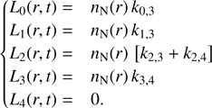 $$\left\{ {\begin{array}{lllllllllllllll}{{L_0}(r,t) = }&{{n_{\rm{N}}}(r){k_{0,3}}}\\{{L_1}(r,t) = }&{{n_{\rm{N}}}(r){k_{1,3}}}\\{{L_2}(r,t) = }&{{n_{\rm{N}}}(r)[{k_{2,3}} + {k_{2,4}}]}\\{{L_3}(r,t) = }&{{n_{\rm{N}}}(r){k_{3,4}}}\\{{L_4}(r,t) = }&{0.}\end{array}} \right.$$