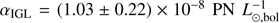 Mathematical equation: $ \alpha_\text{IGL}={(1.03\pm0.22)\times10^{-8}\text{PN}L_{\odot,\text{bol}}^{-1}} $