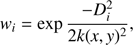Mathematical equation: $$ w_i=\exp\frac{-D_i^2}{2k{(x,y)}^2}, $$