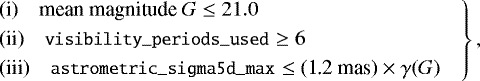 Mathematical equation: \begin{equation*}\left.\begin{aligned} &\text{(i)}\quad\text{mean magnitude}~G\le 21.0 \\ &\text{(ii)}\quad{\small\texttt{{visibility\_periods\_used}}}\ge 6 \\ &\text{(iii)}\quad{\small\texttt{{astrometric\_sigma5d\_max}}} \le \text{(1.2~mas)}\times\gamma(G) \end{aligned} \quad \right\} ,\end{equation*}