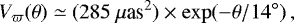 Mathematical equation: \begin{equation*}V_{\varpi}(\theta) \simeq (285~\mu\text{as}^2)\times\exp(-\theta/14^{\circ}) \, , \end{equation*}