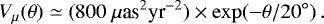 Mathematical equation: \begin{equation*}V_{\mu}(\theta) \simeq (800~\mu\text{as}^2\text{yr}^{-2})\times\exp(-\theta/20^{\circ}) \, . \end{equation*}