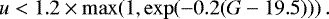 Mathematical equation: \begin{equation*}u < 1.2\times\max(1,\exp(-0.2(G-19.5))) \, . \end{equation*}
