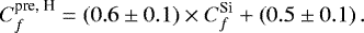 \begin{equation*} C_f^{\text{pre, H}} = \left(0.6 \pm 0.1\right)\times C_f^{\text{Si}} + \left(0.5 \pm 0.1\right) .\end{equation*}