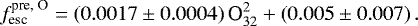 \begin{equation*} f^{\text{pre, O}}_{\text{esc}} = \left(0.0017 \pm 0.0004\right)\text{O}_{32}^2 + \left(0.005 \pm 0.007\right) .\end{equation*}