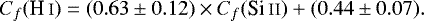 Mathematical equation: \begin{equation*} C_f(\ion{H}{i}) = (0.63 \pm 0.12) \times C_f(\ion{Si}{ii}) + (0.44 \pm 0.07) .\end{equation*}