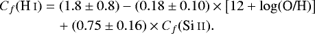 Mathematical equation: \begin{align*} & C_f(\ion{H}{i}) = \left(1.8\pm0.8\right) - \left(0.18\pm0.10\right)\times \left[12+\log(\text{O/H})\right] \nonumber \\ & \quad\quad\quad\quad +\left(0.75 \pm 0.16\right) \times C_f(\text{\ion{Si}{ii}}).\end{align*}