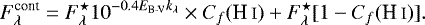 Mathematical equation: \begin{equation*} F_{\lambda}^{\text{cont}} = F_{\lambda}^{\star} 10^{-0.4 {E_{\textrm{B-V}}} k_{\lambda}} \times C_f({\ion{H}{i}}) + F_{\lambda}^{\star} [1-C_f({\ion{H}{i}})] .\end{equation*}