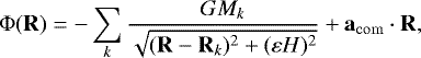 Mathematical equation: \begin{equation*}{\mathrm{\Phi}}(\vec{R}) = -\sum_k \frac{G M_k}{ \sqrt{(\vec{R}-\vec{R}_k)^2 +(\varepsilon H)^2}} +\vec{a}_{\mathrm{com}} \cdot \vec{R} ,\end{equation*}