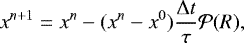 Mathematical equation: \begin{equation*} x^{n+1} = x^n - (x^n - x^0) \frac{{\mathrm{\Delta}} t}{\tau} \mathcal{P}(R) ,\end{equation*}
