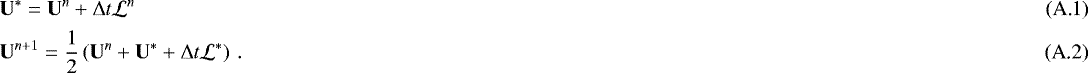 Mathematical equation: \begin{align}& \vec{U}^* = \vec{U}^n + {\mathrm{\Delta}} t \mathcal{L}^n\hspace*{15pt} \\ & \vec{U}^{n+1} = \frac{1}{2} \left(\vec{U}^n + \vec{U}^* + {\mathrm{\Delta}} t \mathcal{L}^*\right) \,. \end{align}