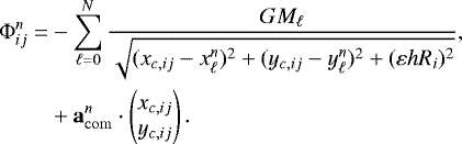 Mathematical equation: \begin{align*} {\mathrm{\Phi}}_{ij}^{n} =& -\sum_{\ell=0}^N \frac{G M_{\ell}} {\sqrt{ (x_{c,ij}-x^n_{\ell})^2 +(y_{c,ij}-y^n_{\ell})^2 +(\varepsilon h R_i)^2}},\\ &+ \vec{a}_{\mathrm{com}}^n \cdot \begin{pmatrix}x_{c,ij} \\ y_{c,ij}\end{pmatrix}. \end{align*}
