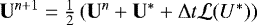 Mathematical equation: $\vec{U}^{n+1} = \frac{1}{2}\left(\vec{U}^n + \vec{U}^* +{\mathrm{\Delta}} t \mathcal{L}(U^{*}) \right)$
