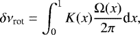 Mathematical equation: \begin{equation*}\delta\nu_{\textrm{rot}} = \int_{0}^{1} K(x) \frac{{\mathrm \Omega}(x)}{2 \pi} \textrm{d} x, \end{equation*}